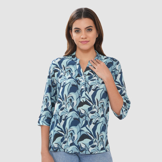 Women’s Printed Cotton Casual Top with 3/4 Sleeves & Button Placket