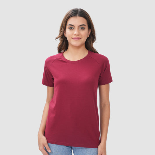 Women Knitted Fabric Regular Fit Short Sleeve Tee/T-shirt - Maroon