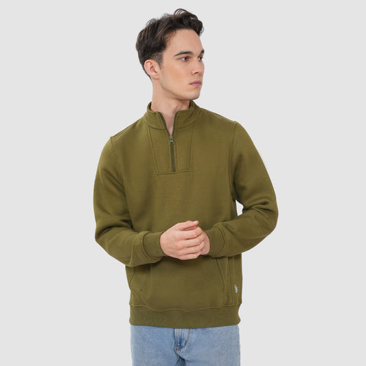 Bonjour Men’s Olive Half Zip Sweatshirt with Kangaroo Pocket