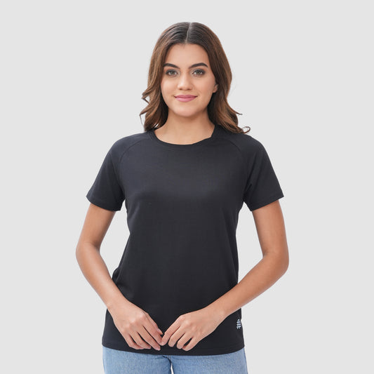 Women Knitted Fabric Regular Fit Short Sleeve Tee/T-shirt - Black