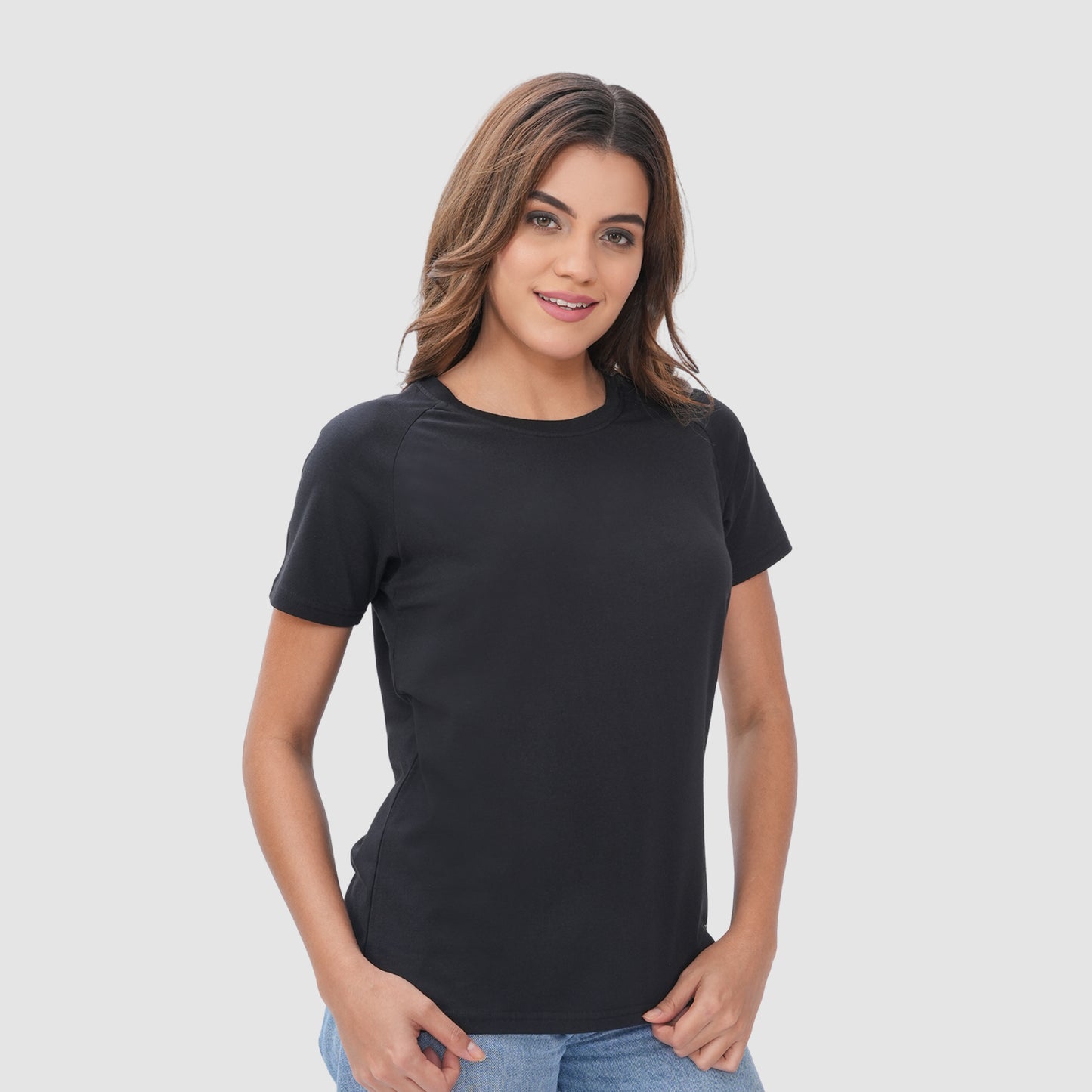 Women Knitted Fabric Regular Fit Short Sleeve Tee/T-shirt - Black