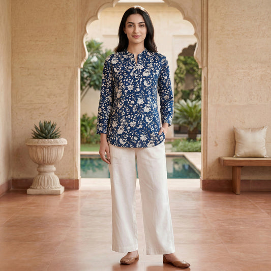 Navy Women Floral Printed Short Kurti – Stylish & Comfortable (Pack of 1)