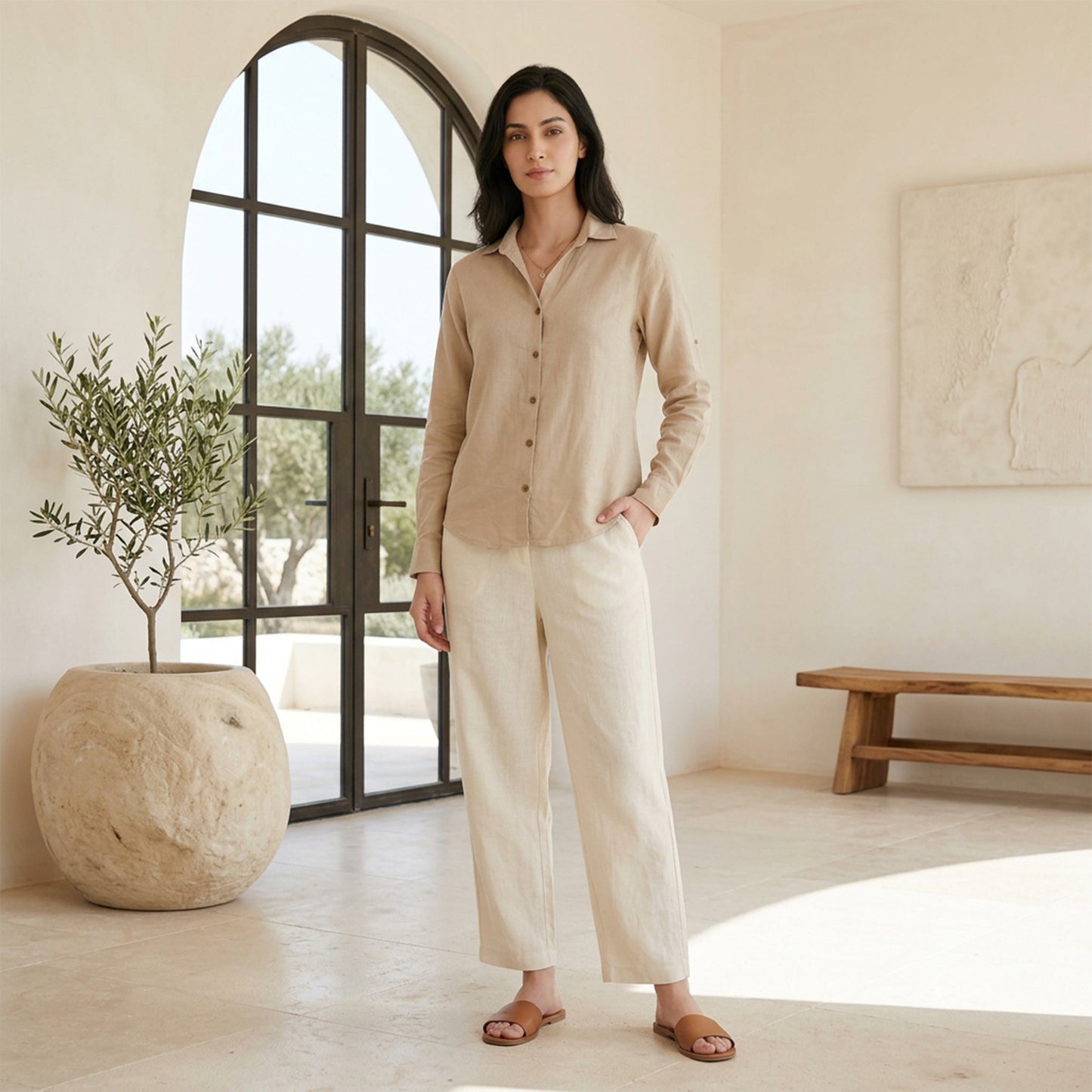 Women Linen Comfort Shirt - (Beige)