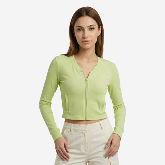 Women’s Forest Green Ribbed Zip-Up Cropped Jacket (Pack of 1)