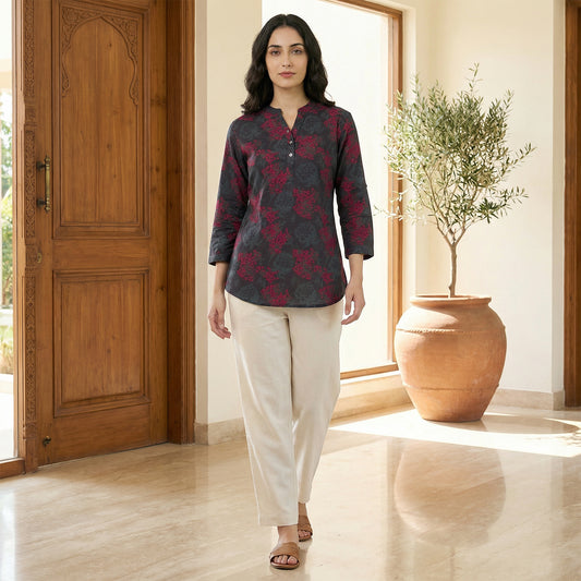 Grey Women Floral Printed Short Kurti – Stylish & Comfortable (Pack of 1)