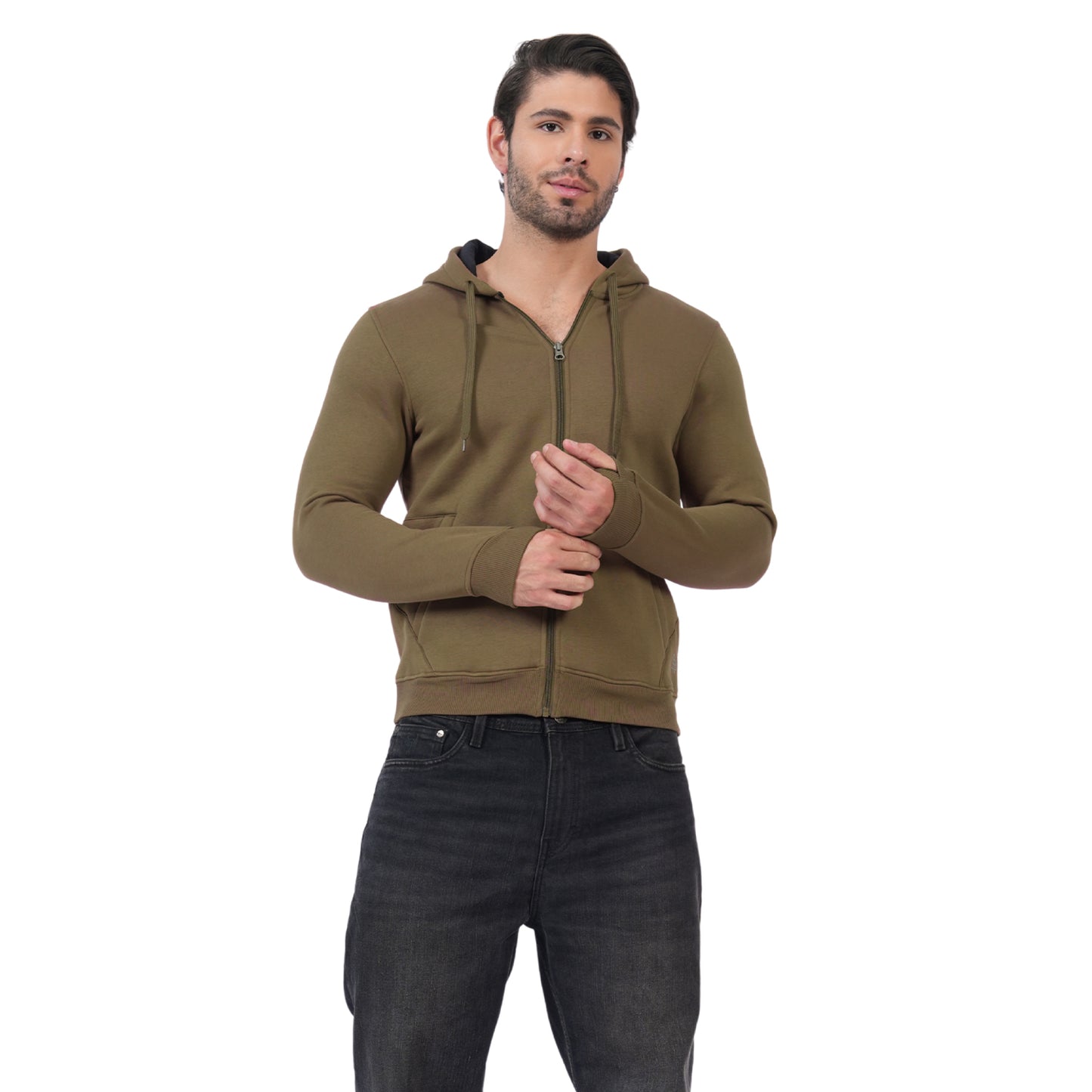 Men’s Solid Zipper Hooded Jacket (Olive)