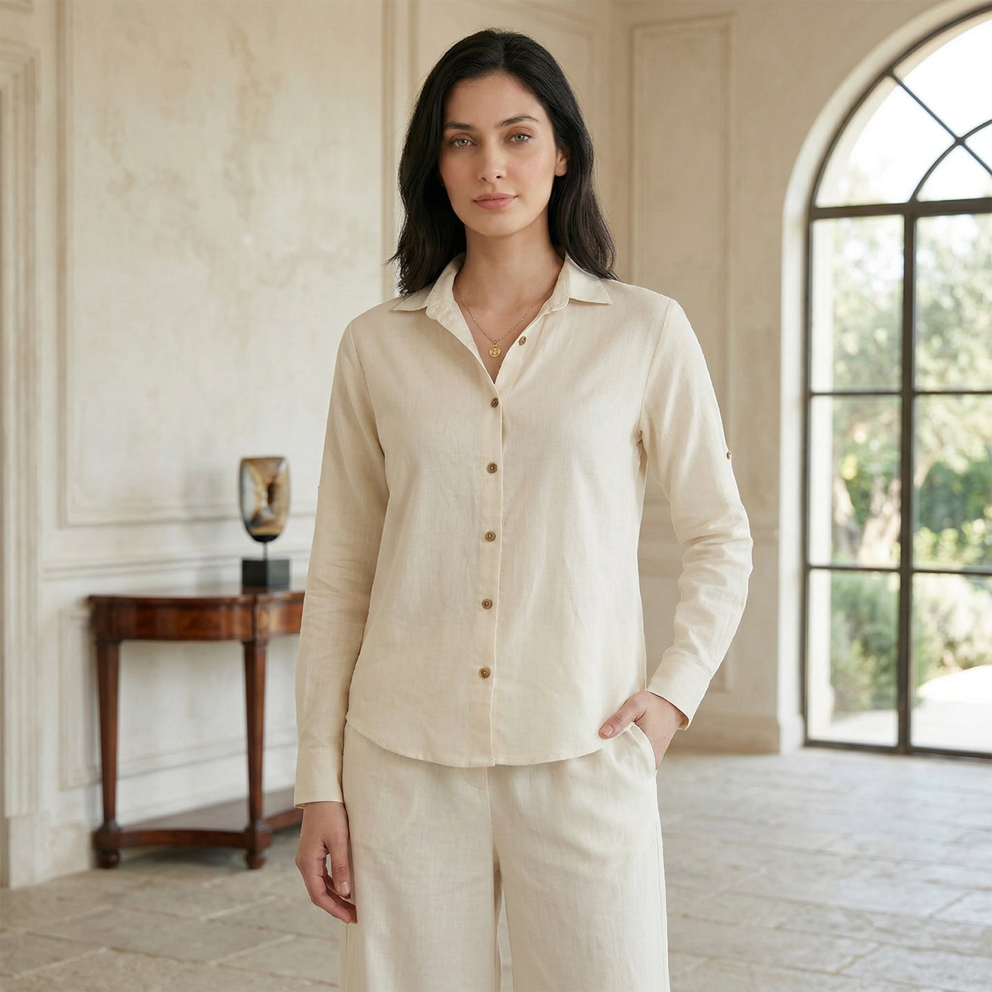 Women Linen Comfort Shirt - (Ivory)