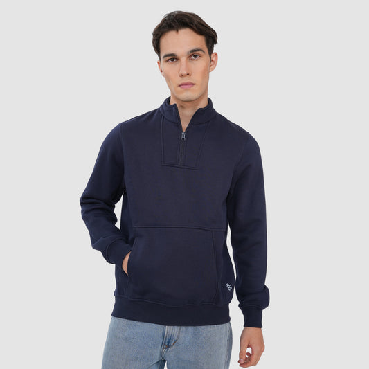 Bonjour Men’s Navy Blue Half Zip Sweatshirt with Kangaroo Pocket