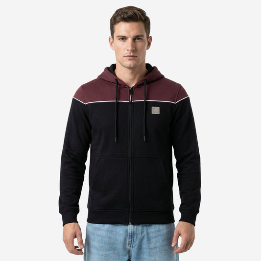 Relaxed Fit Printed Zip-Through Hoodie for Men (Black)
