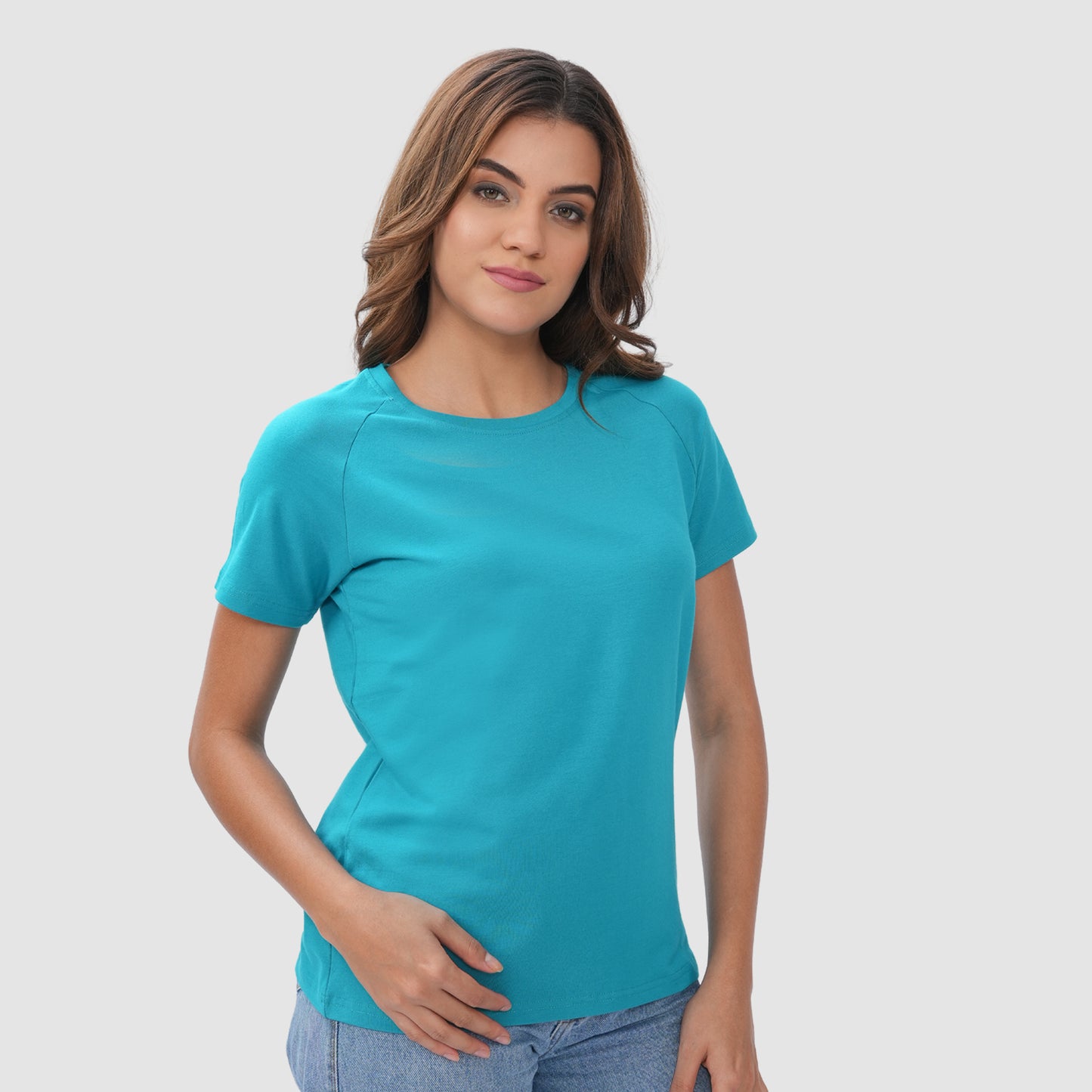 Women Knitted Fabric Regular Fit Short Sleeve Tee/T-shirt - Water Green