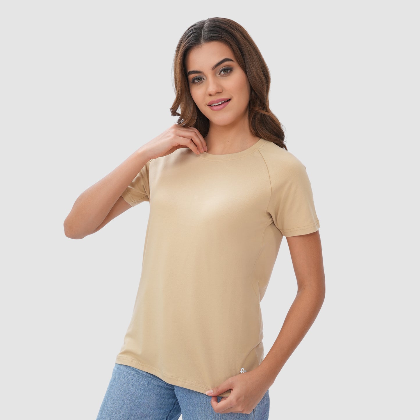 Women Knitted Fabric Regular Fit Short Sleeve Tee/T-shirt - Natural Tan