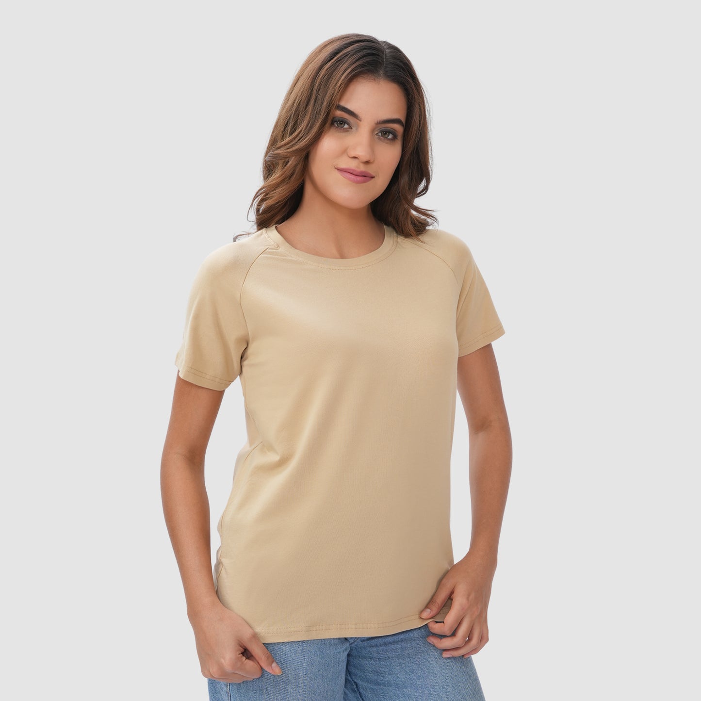 Women Knitted Fabric Regular Fit Short Sleeve Tee/T-shirt - Natural Tan