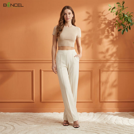 Women High Waist Straight Fit Korean Pants (Off White)