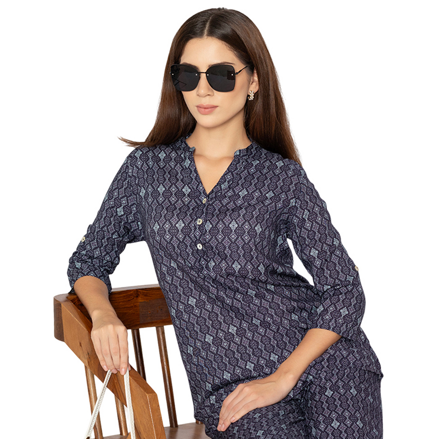 Women's Indigo Short Kurti – Printed 3/4th Sleeve Everyday Wear