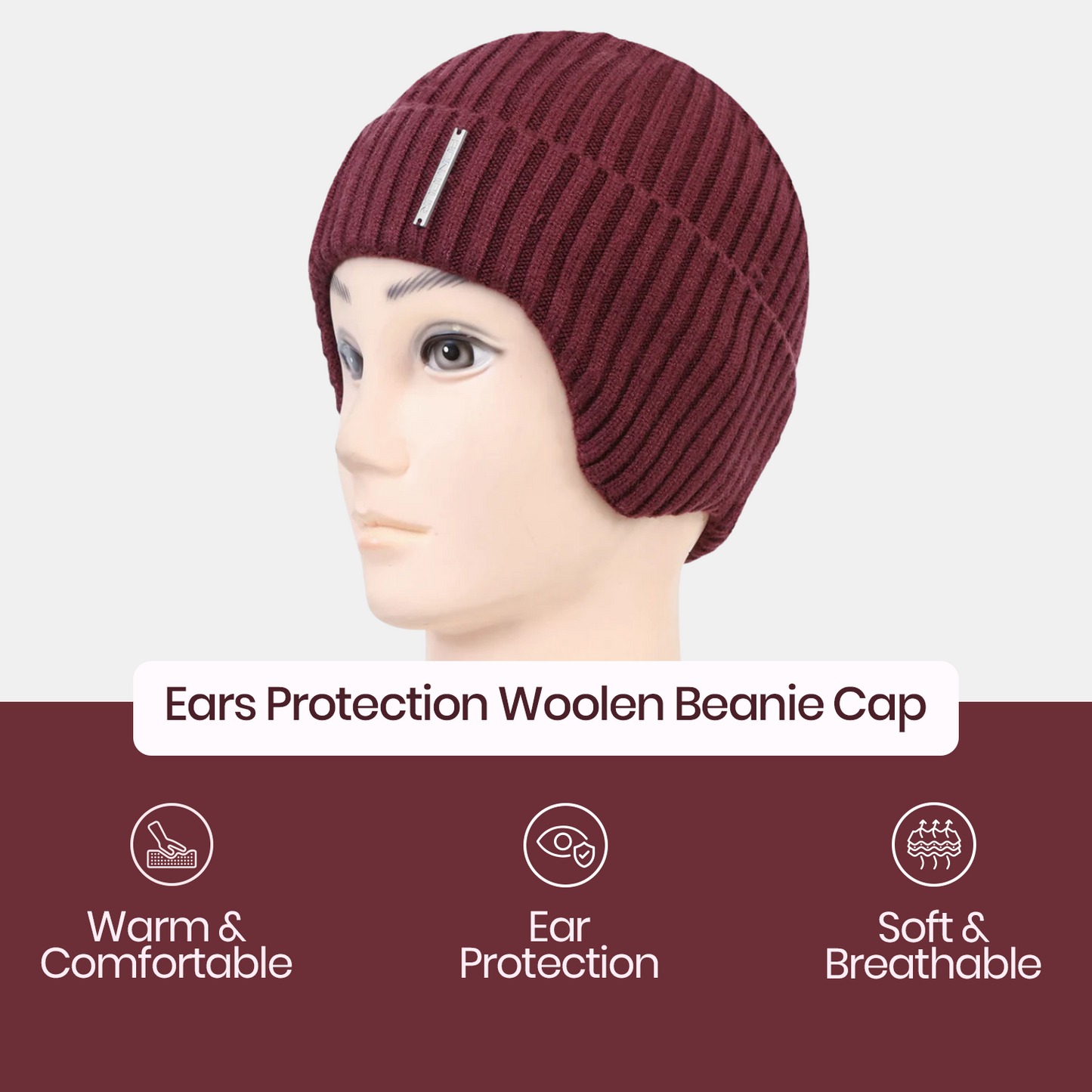 Unisex Ears Protection Woolen Beanie Cap (Grey Melange)
