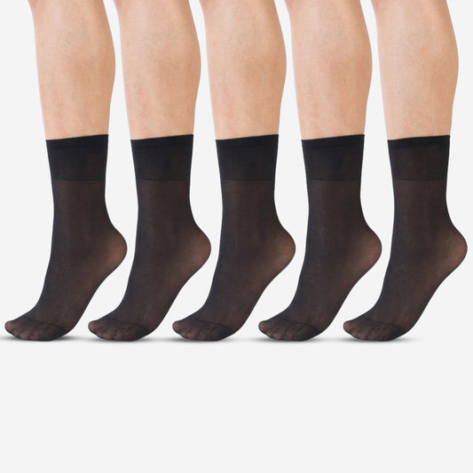 Women's & Girls' Sheer Matte Ankle High Socks - Black (Pack of 5)
