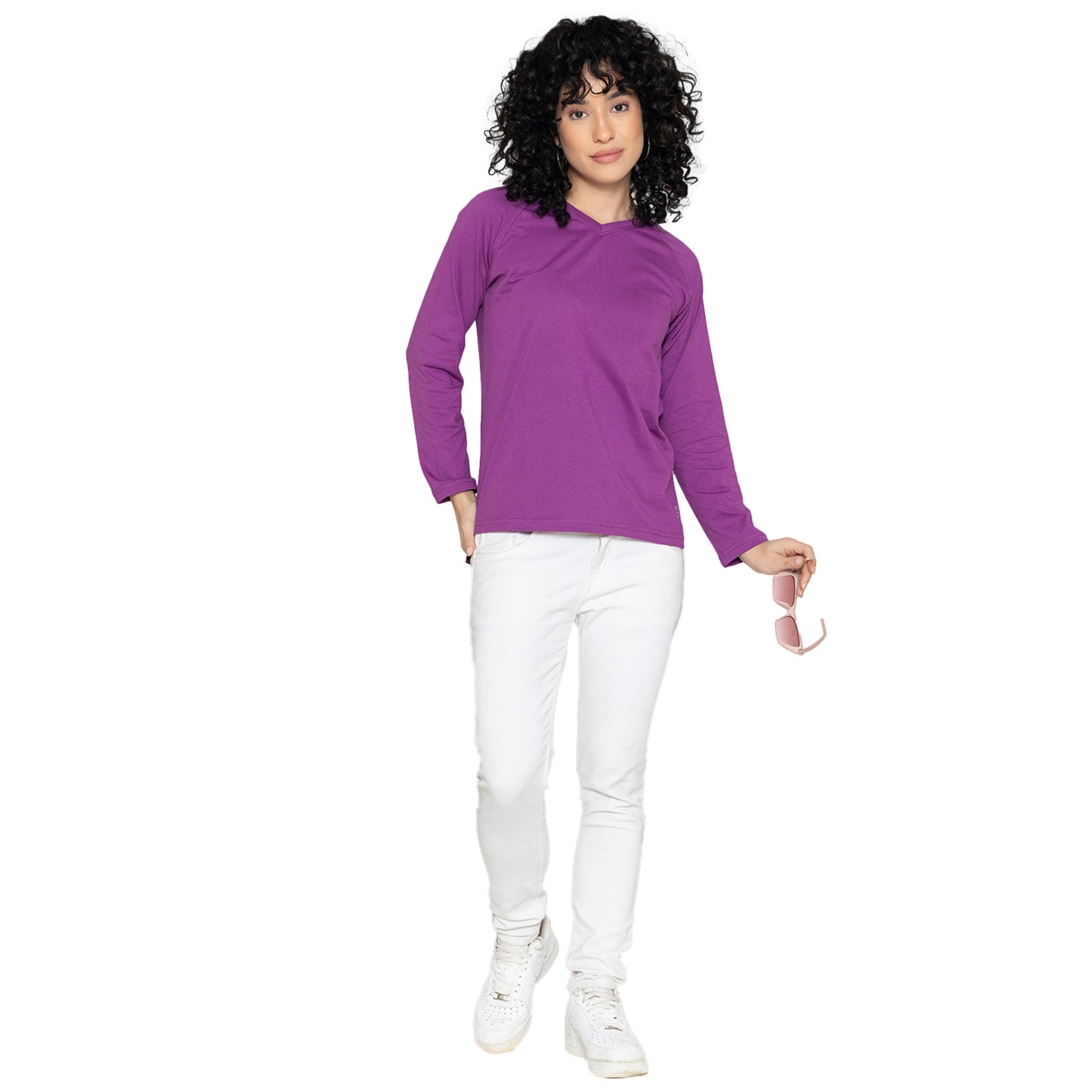 Women V Neck Lounge Wear Tee- Comfort Fit - Purple