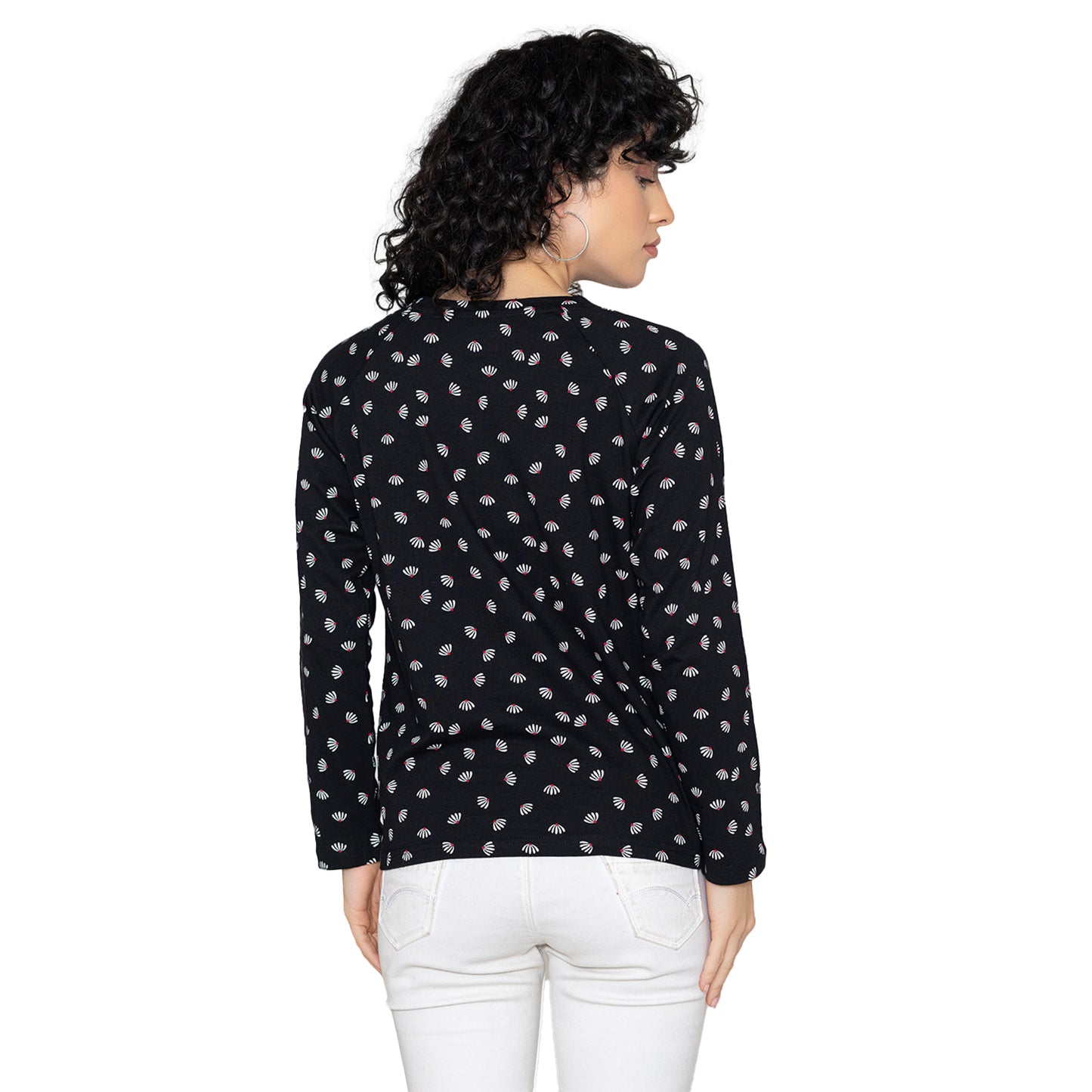 Women Round Neck Lounge Wear Printed Tee- Comfort Fit - Black