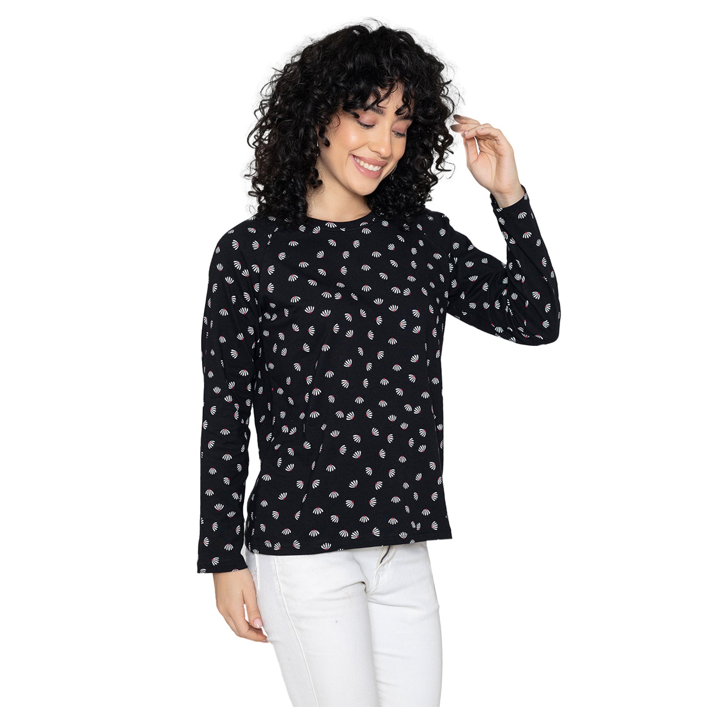 Women Round Neck Lounge Wear Printed Tee- Comfort Fit - Black