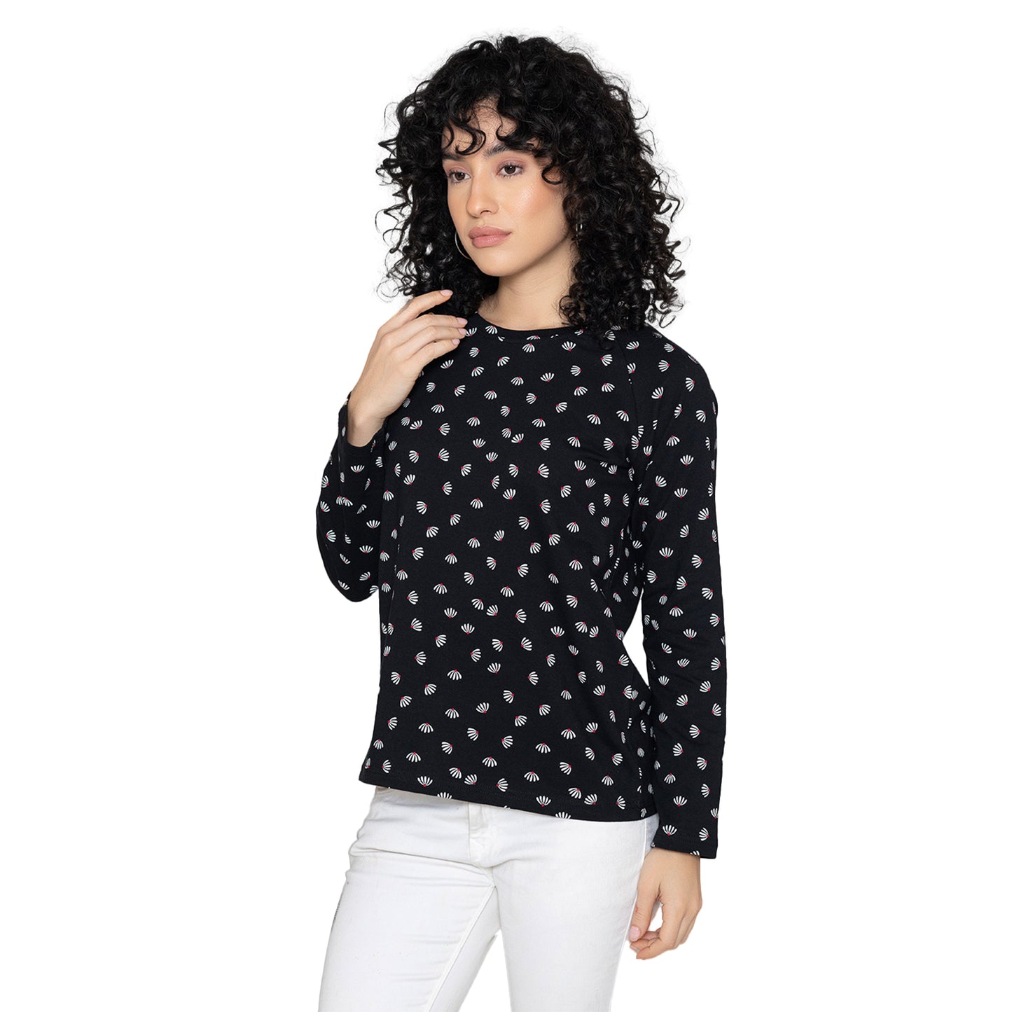 Women Round Neck Lounge Wear Printed Tee- Comfort Fit - Black