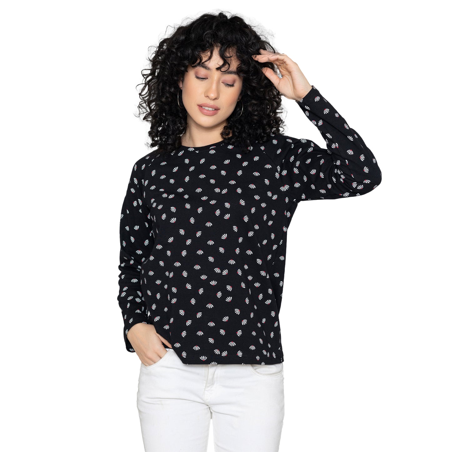 Women Round Neck Lounge Wear Printed Tee- Comfort Fit - Black