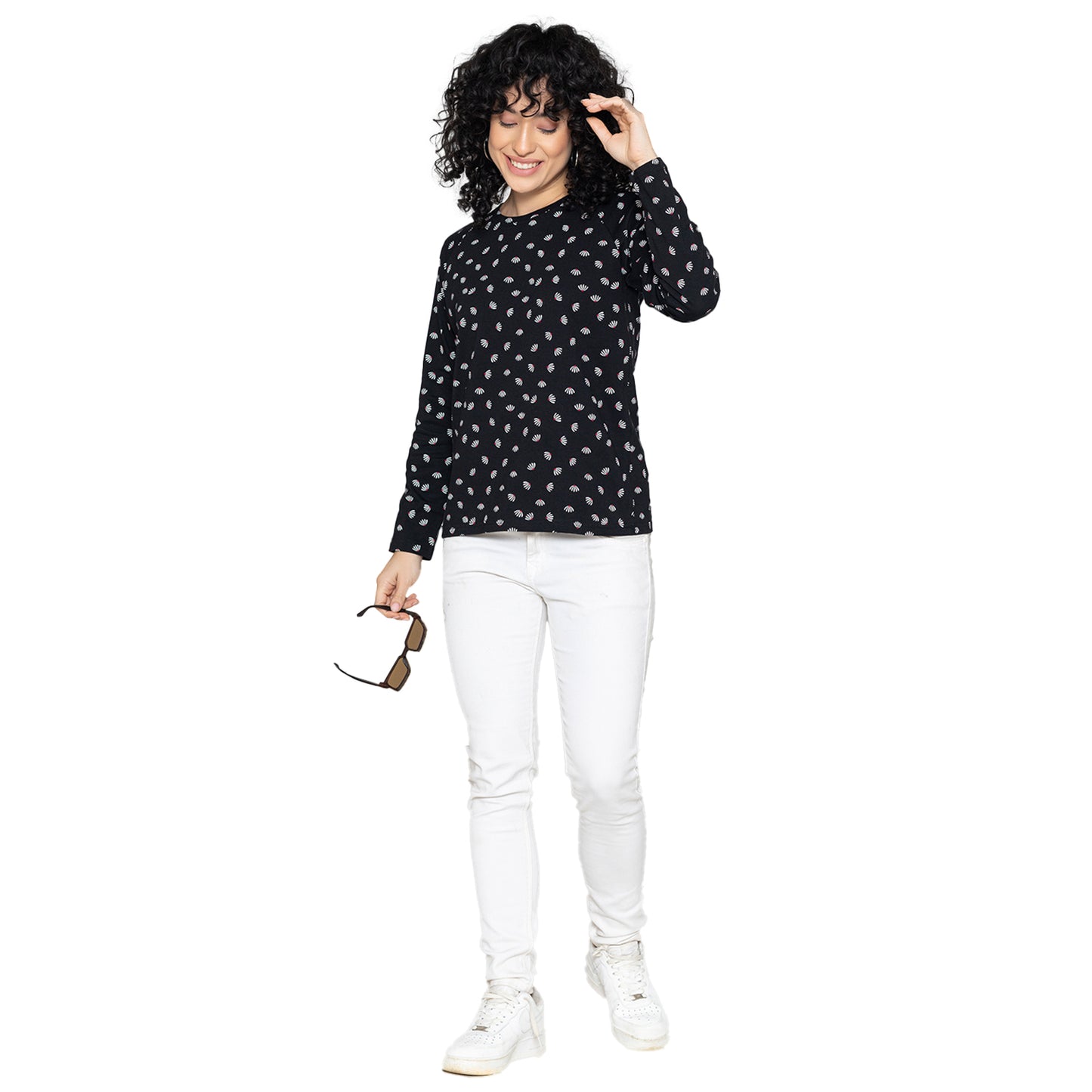 Women Round Neck Lounge Wear Printed Tee- Comfort Fit - Black