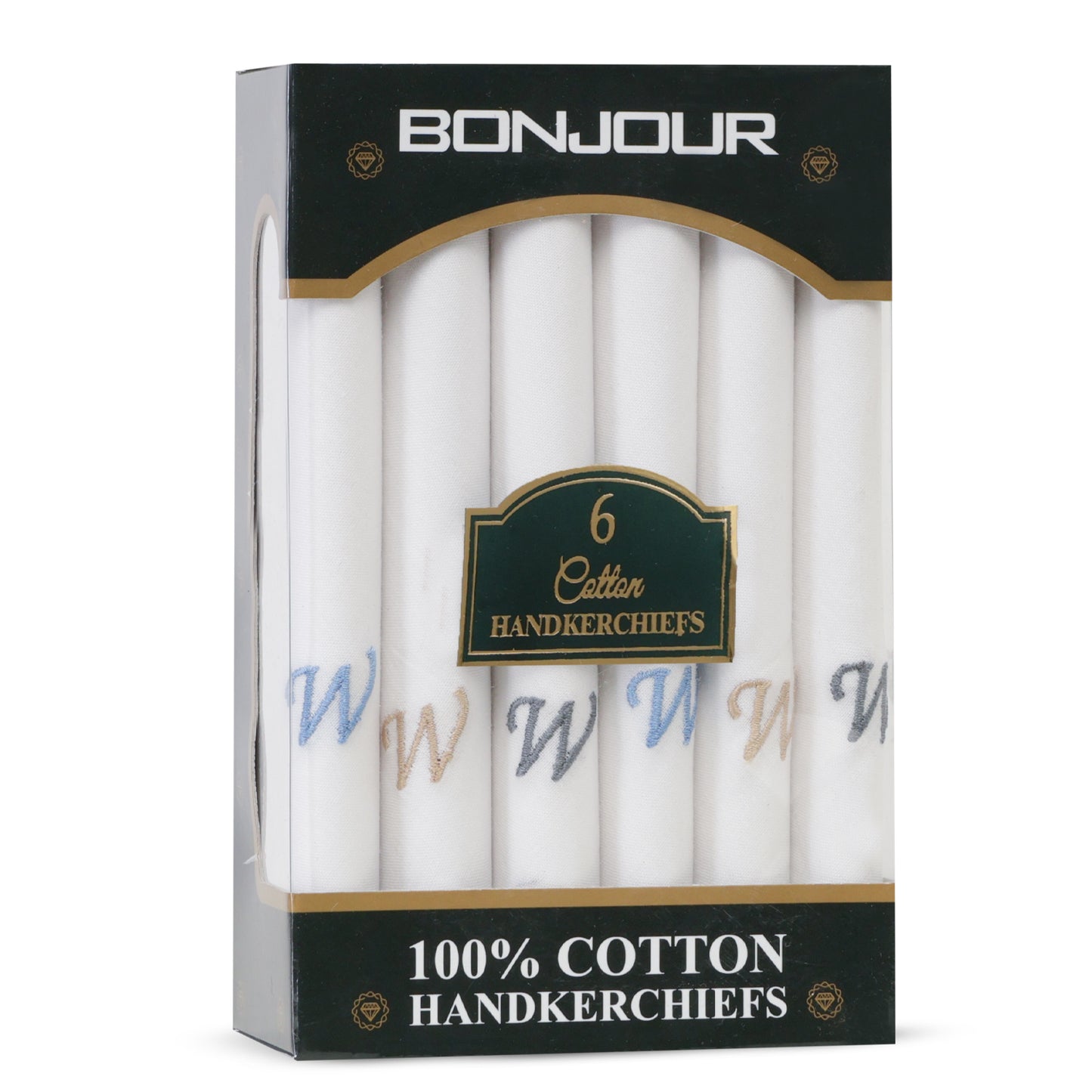 Men's White Cotton Handkerchief With Alphabet W Initial (Pack of 6)