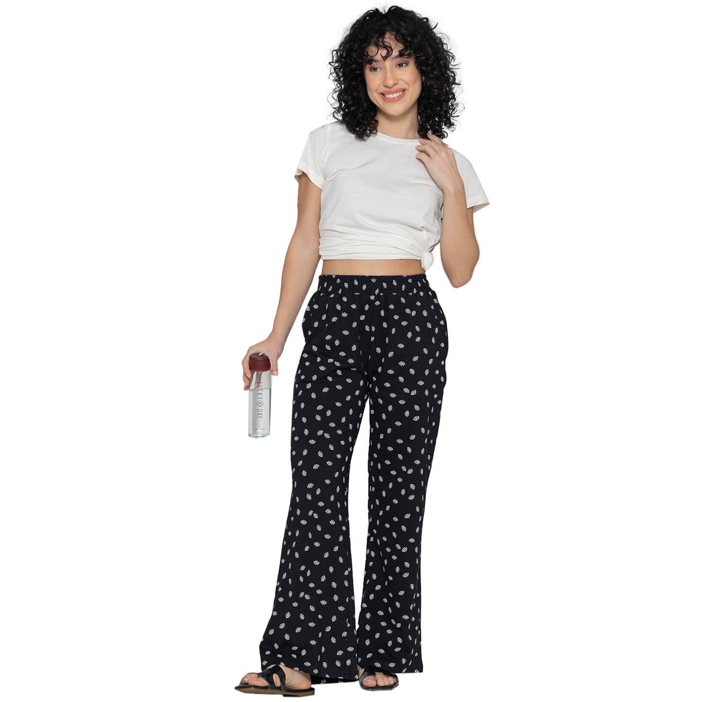 Women Printed Flared Pant -Black