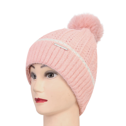 Women & Girls Pom-Pom Knitted Beanie Cap (Lt.Pink)