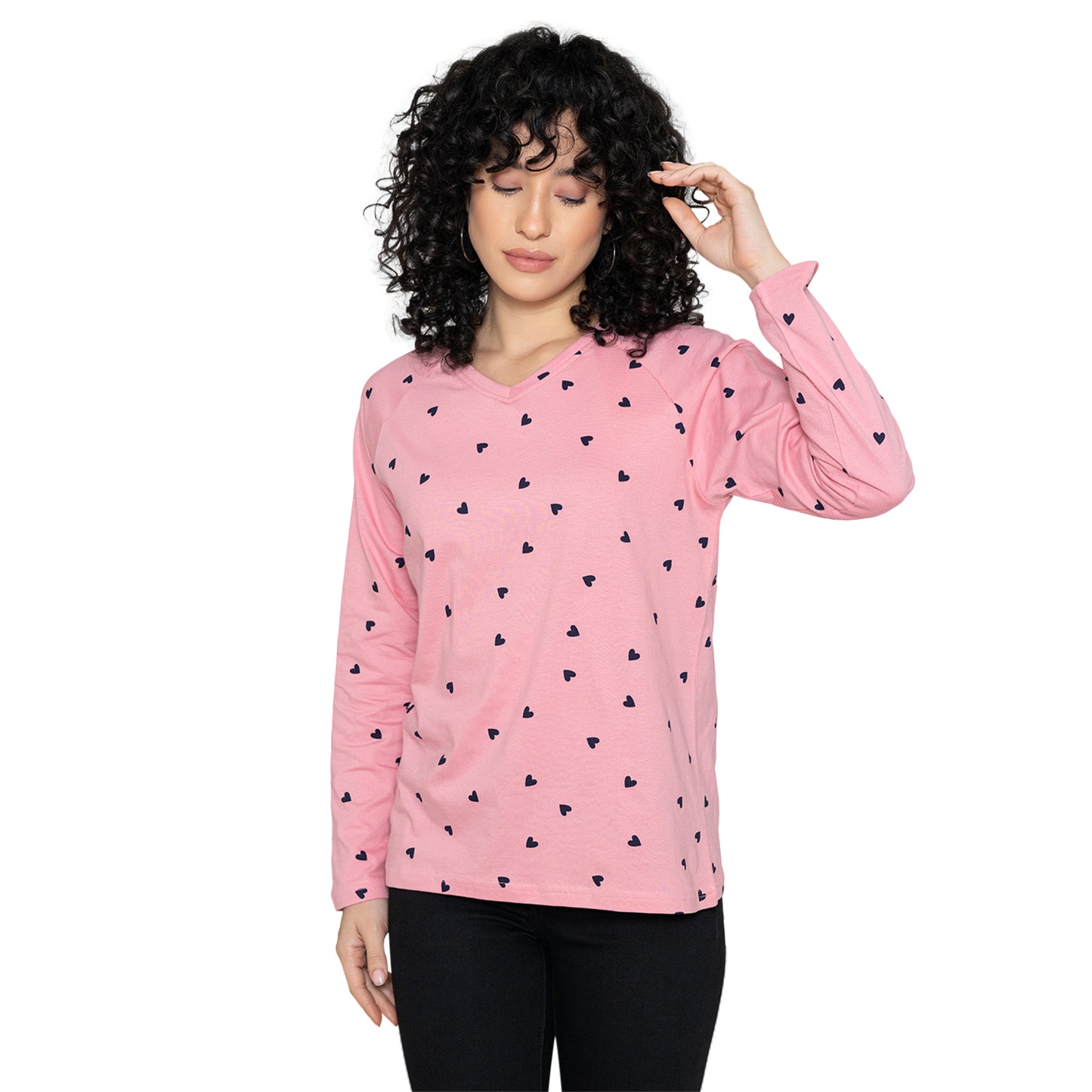 Women's V-Neck Printed Lounge Wear Tee - Pink