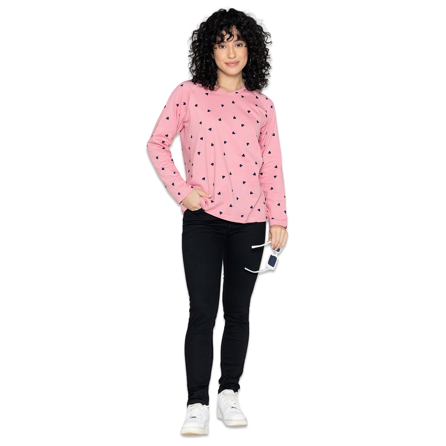 Women's V-Neck Printed Lounge Wear Tee - Pink
