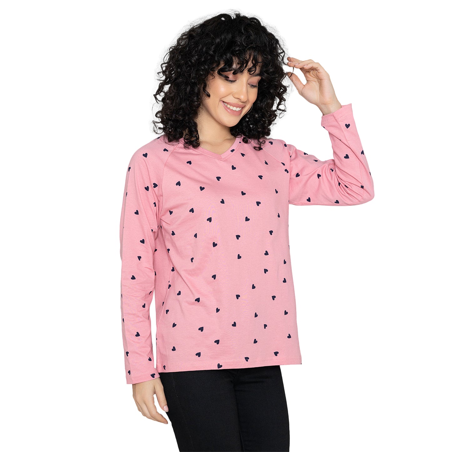 Women's V-Neck Printed Lounge Wear Tee - Pink