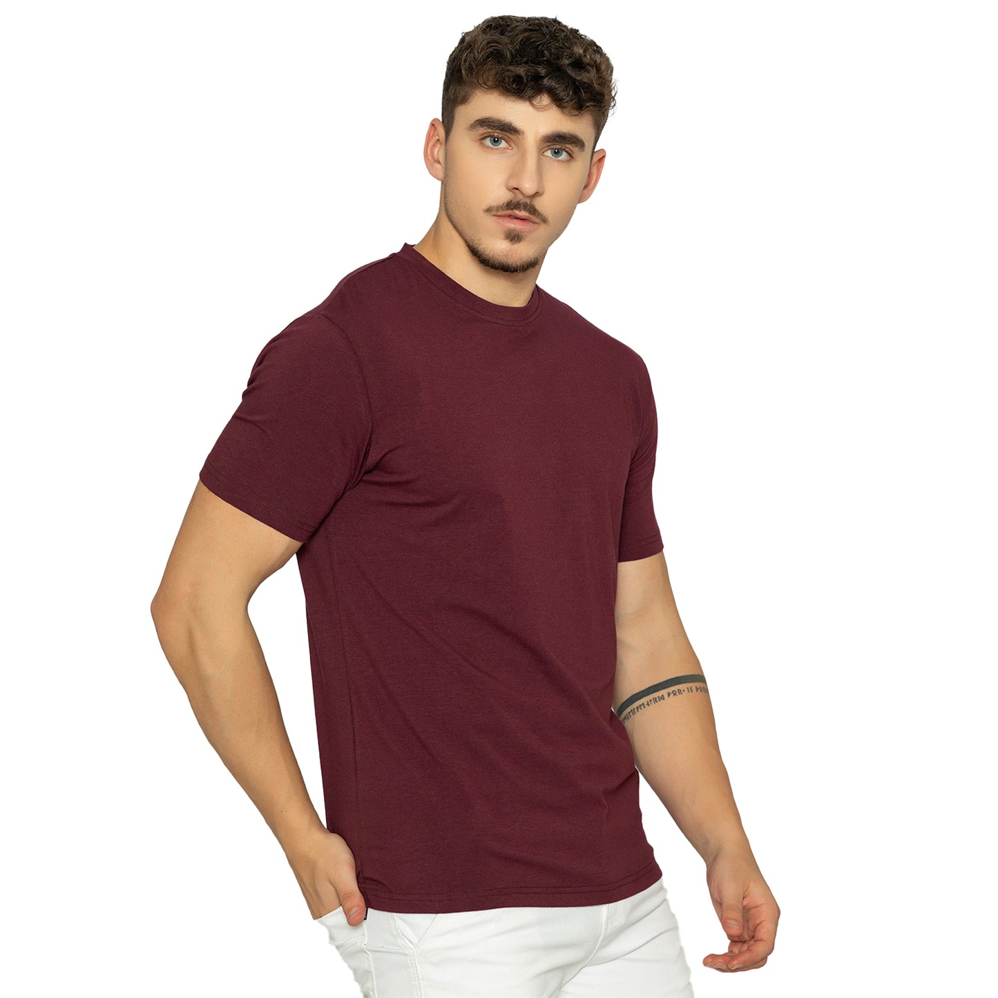 Deep Plum Round Neck Half Sleeves T-Shirt for Men