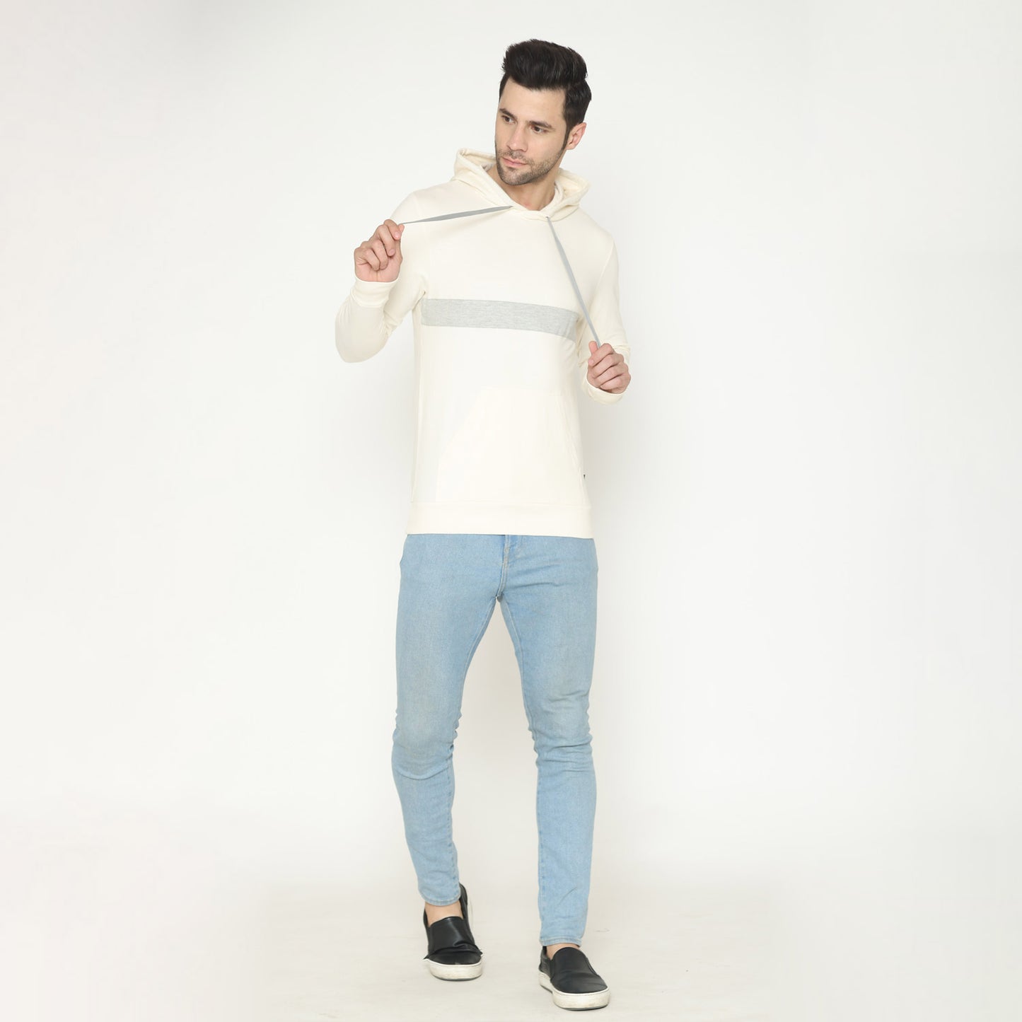 Men's Grey Striped Hoodie Sweatshirt - Off White