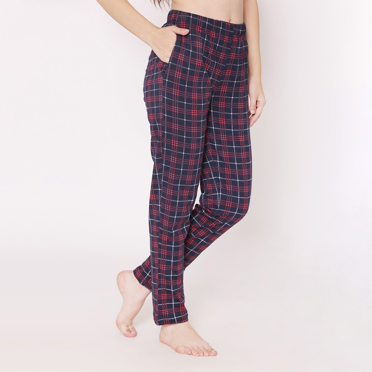 Knitted Checkered Prints Cotton Pajamas For Ladies