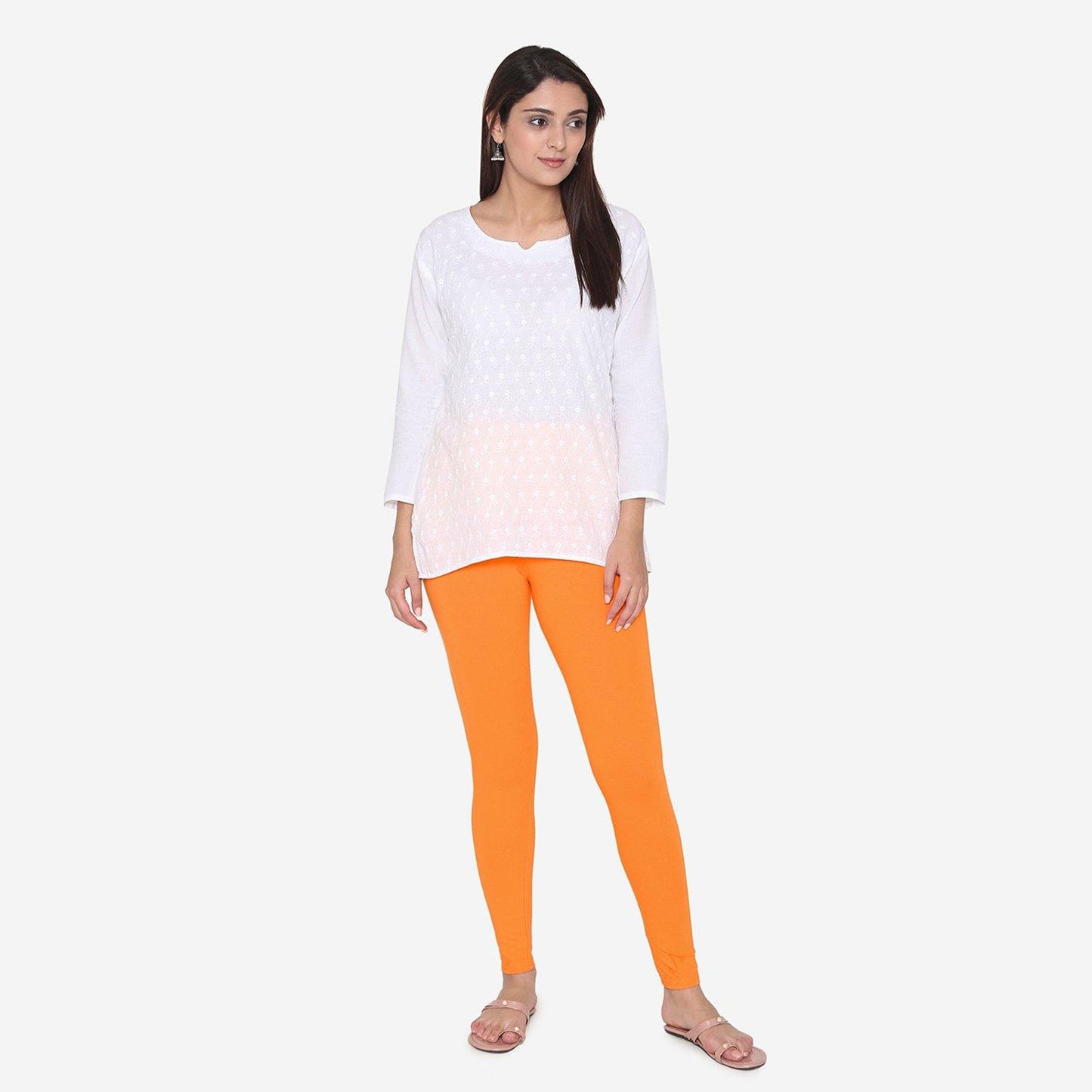 Vami Women's Cotton Stretchable Ankle Leggings -Vibrant Orange