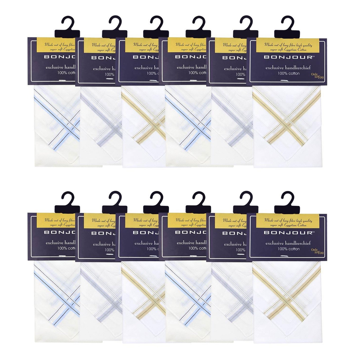 Mens Formal Cotton Handkerchief in White with colorful stripes- Pack of 12 - Bonjour Group