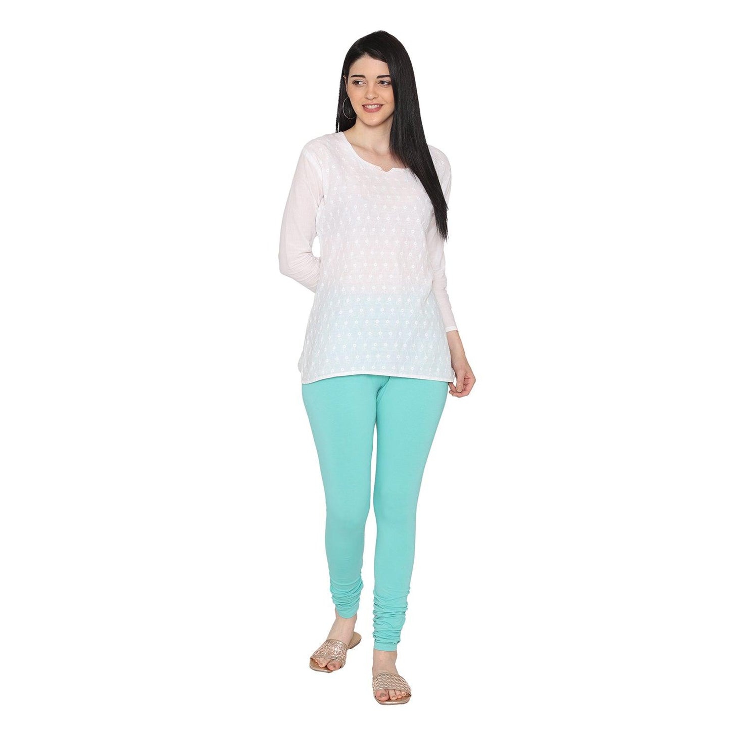 Women's Cotton Churidar Leggings (Free Size) - Aquamarine