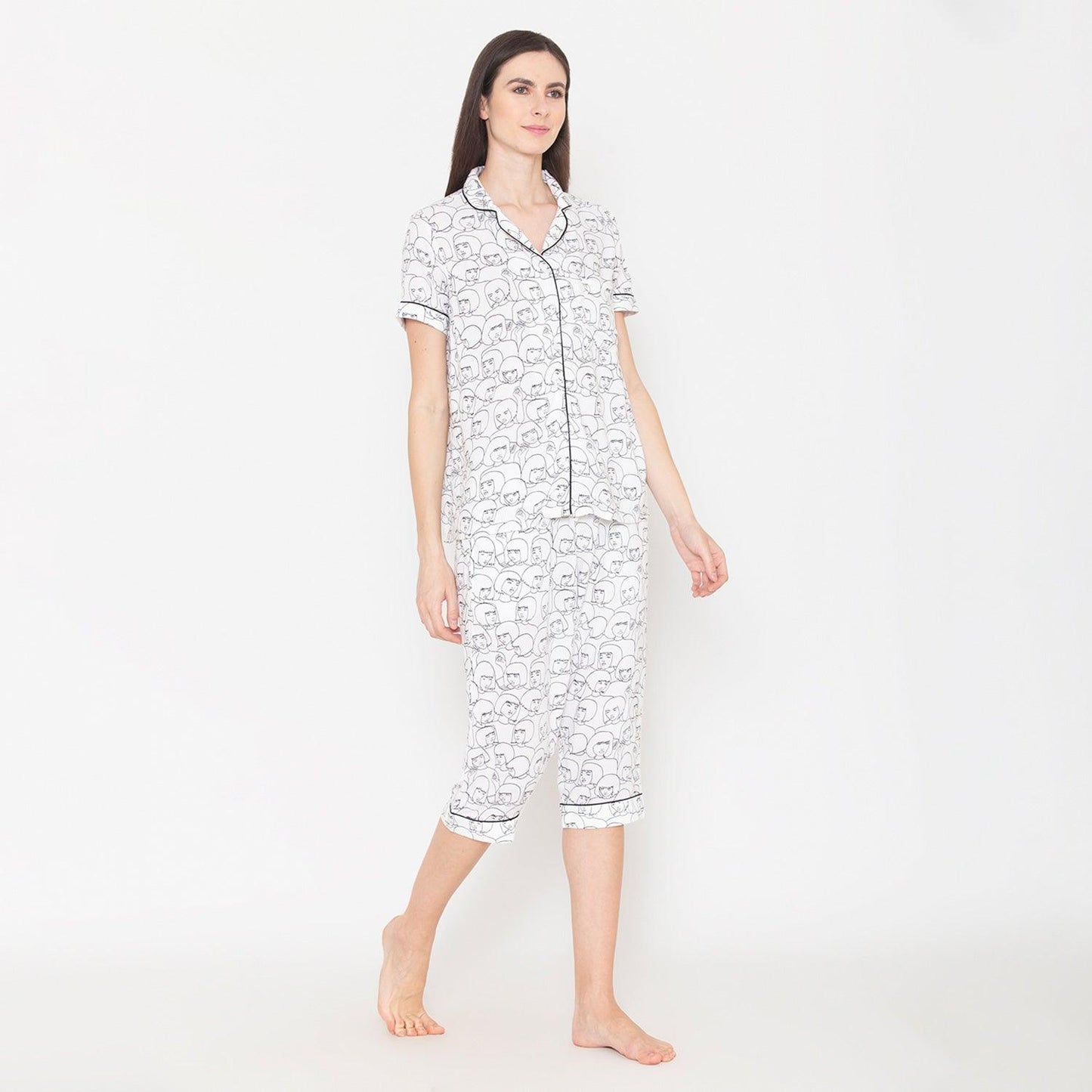 Printed Night Suit Set of Shirt & Capri For Ladies