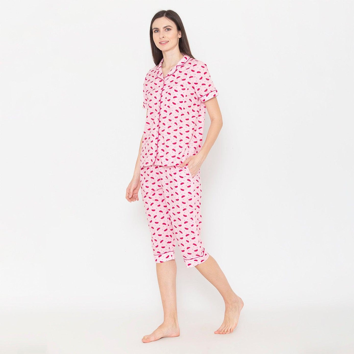 Printed Night Suit Set of Shirt & Capri For Ladies