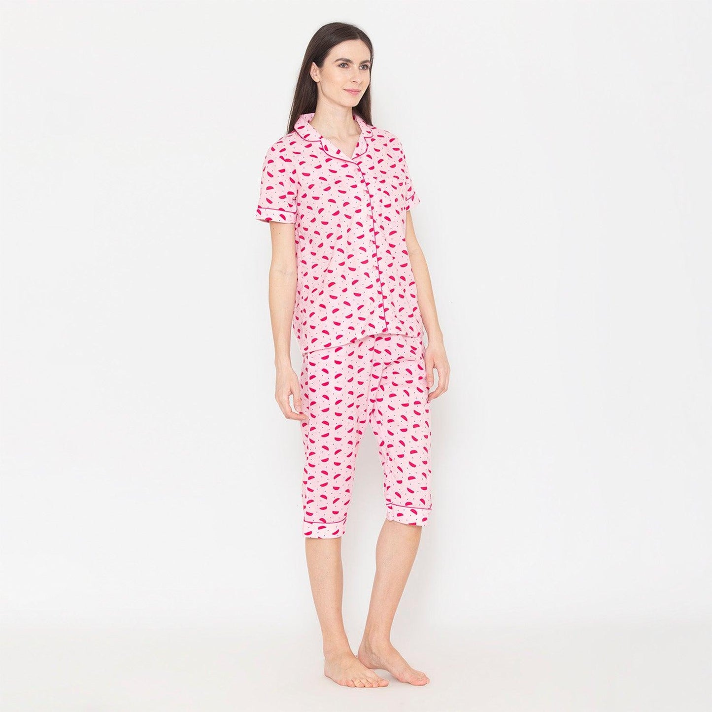Printed Night Suit Set of Shirt & Capri For Women