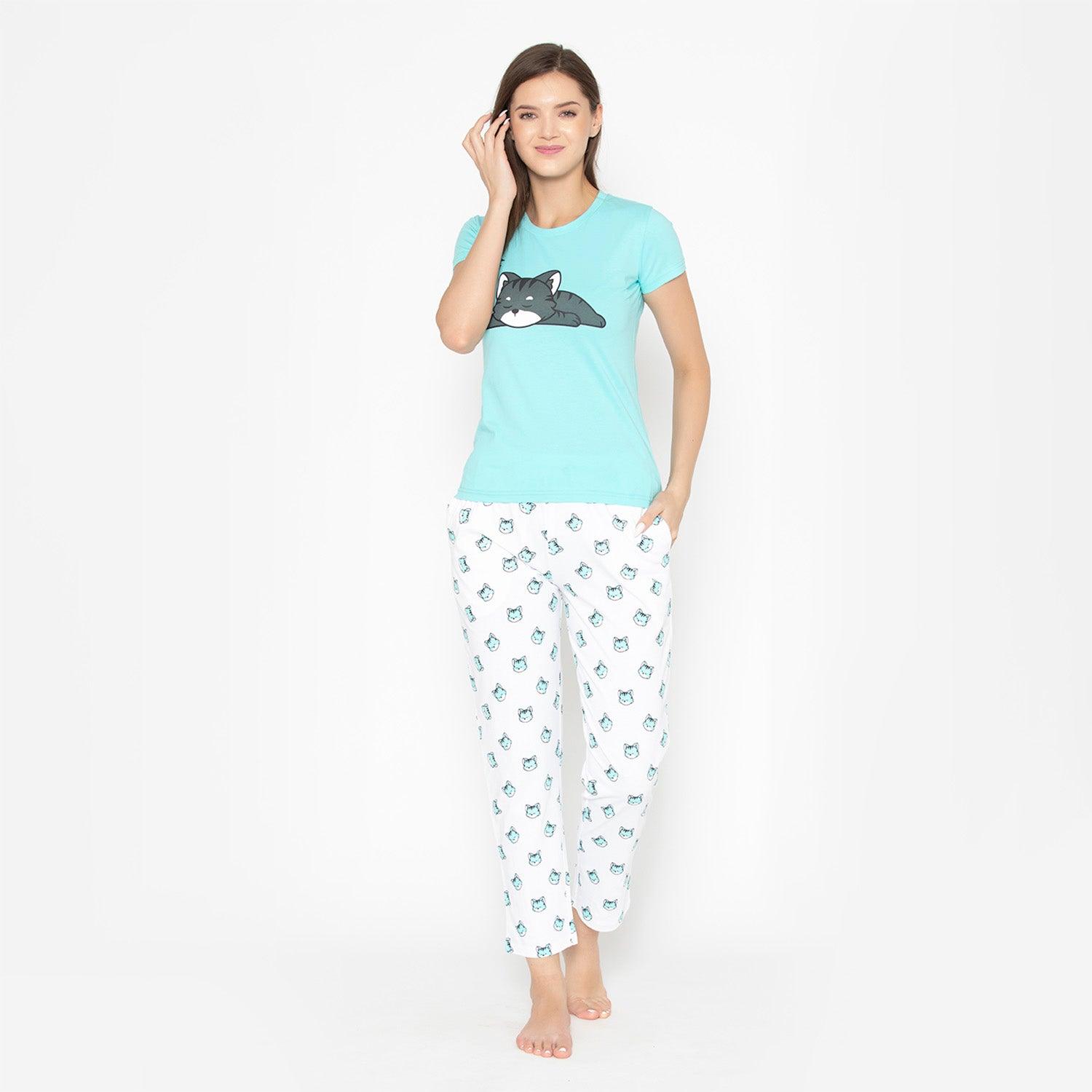 Women's Printed Night Suit Set of Shirt Lower