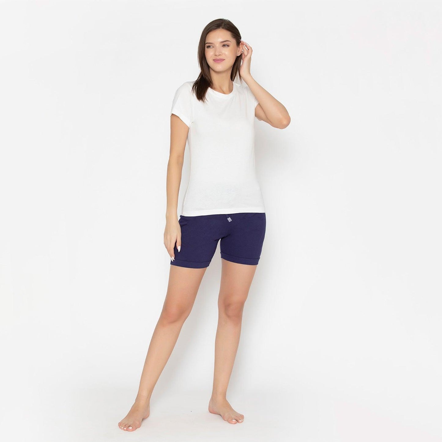 Plain Knitted Shorts For Ladies - Navy