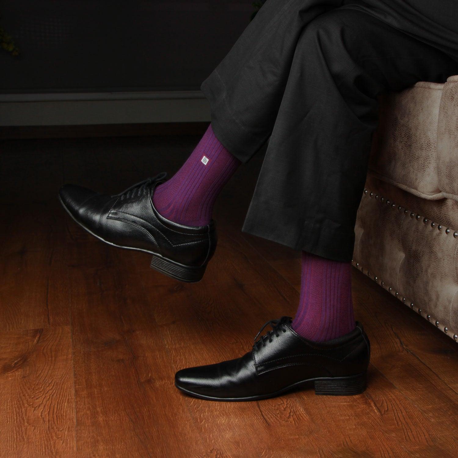 Men Cosmic Ribbed Formal Socks - Dark Purple BONJOUR Men Cosmic Ribbed Formal Socks - Dark Purple BONJOUR