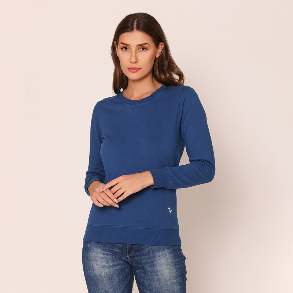 Women's Plain Round Neck Full Sleeve Sweatshirt - Dark Blue