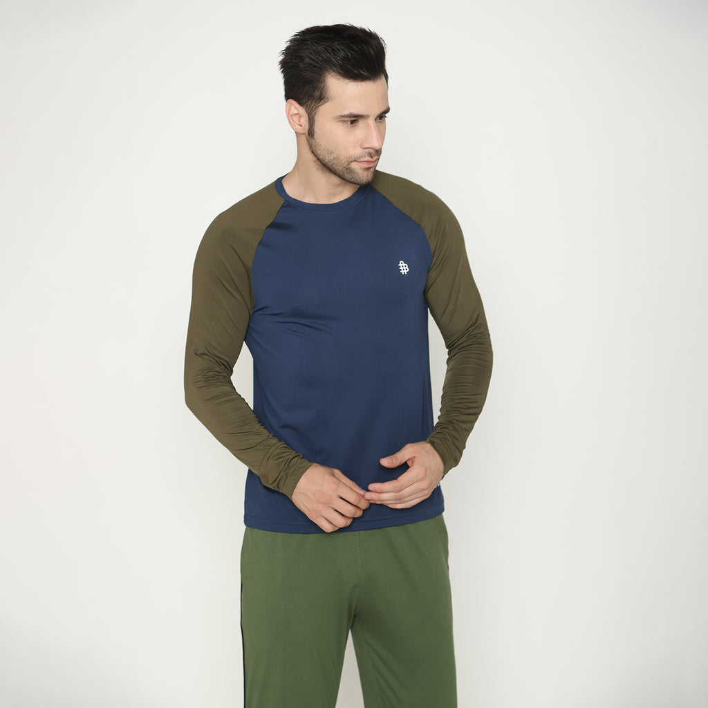 Men's Regular Full Sleeves Sports & Gym T-Shirt - Olive/Airforce