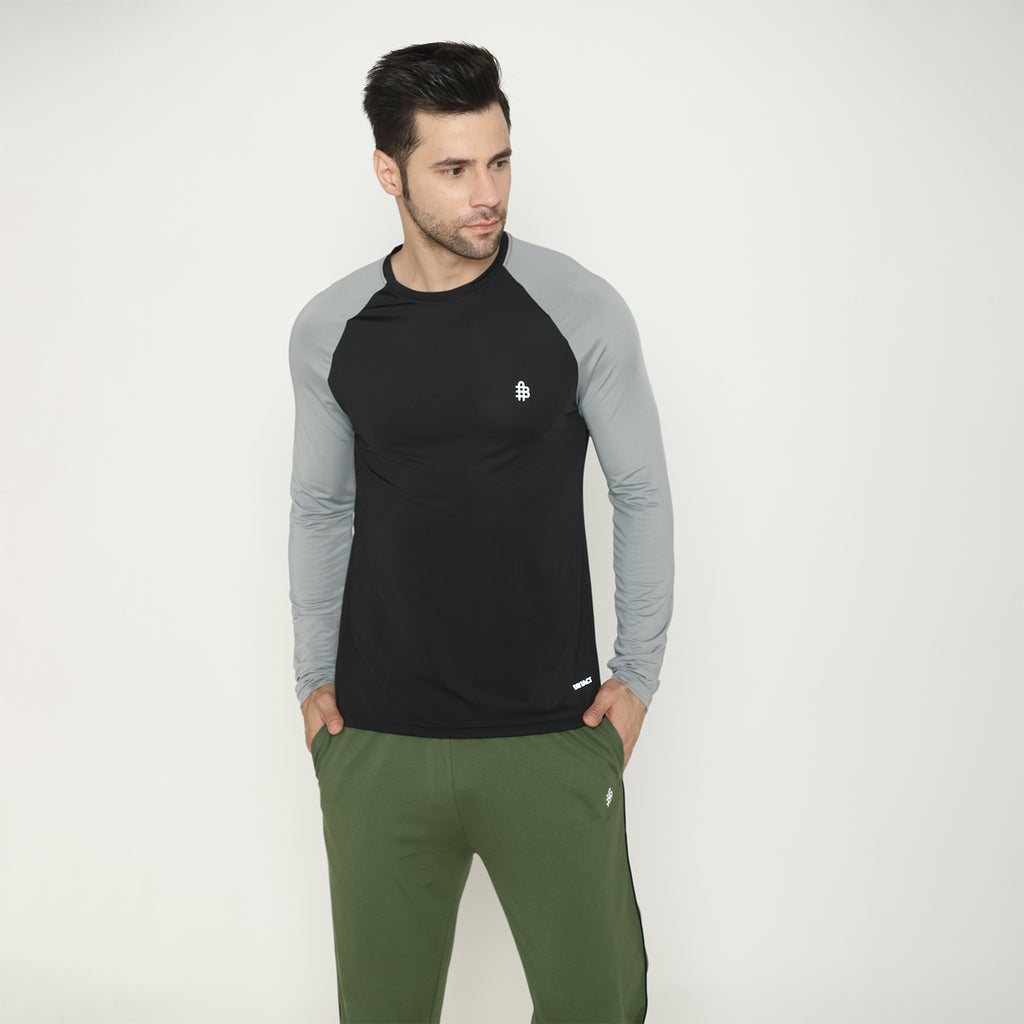 Men's Regular Full Sleeves Sports & Gym T-Shirt - Black Grey