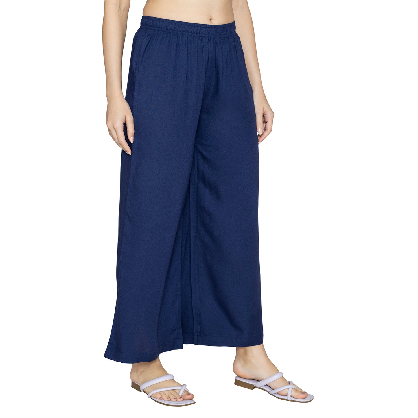 Women Solid Woven Viscose Palazzos - Navy