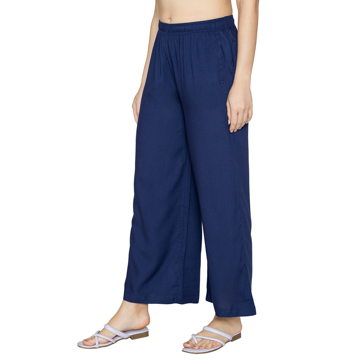 Women Solid Woven Viscose Palazzos - Navy