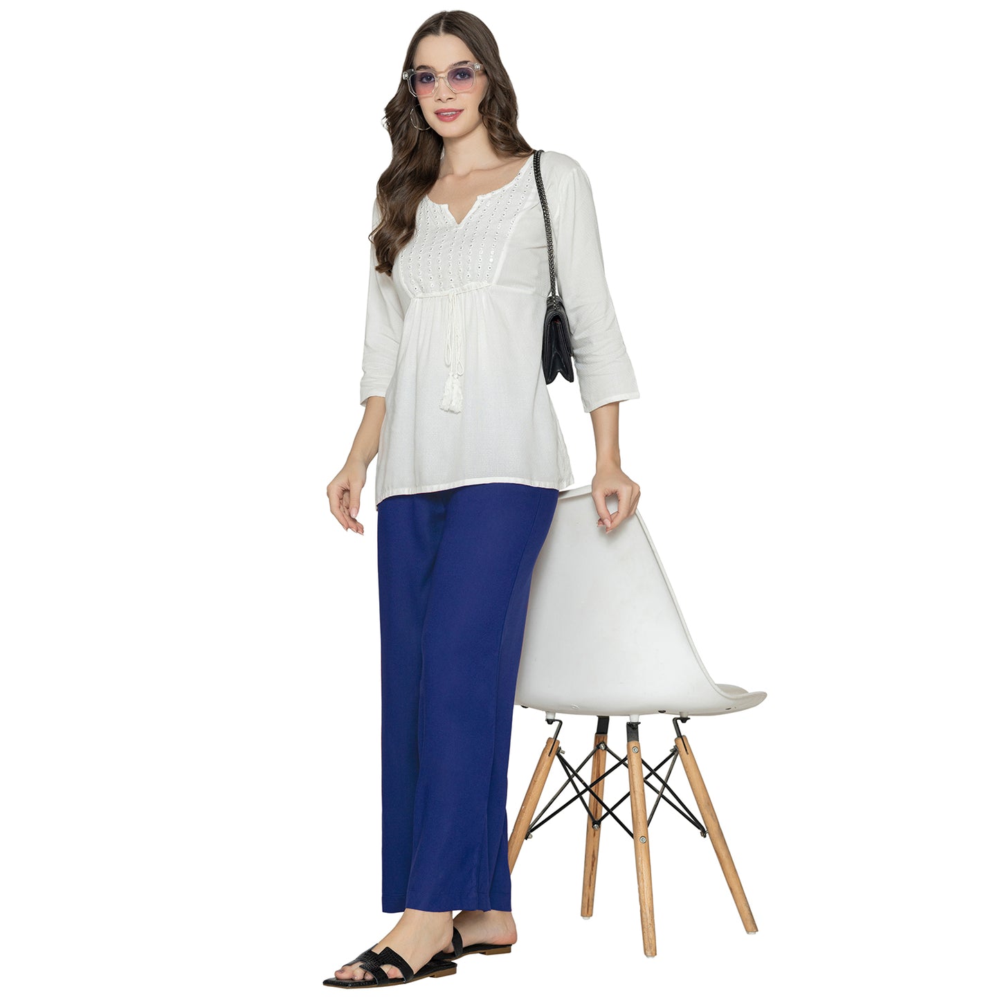 Women Solid Woven Viscose Palazzos - Navy